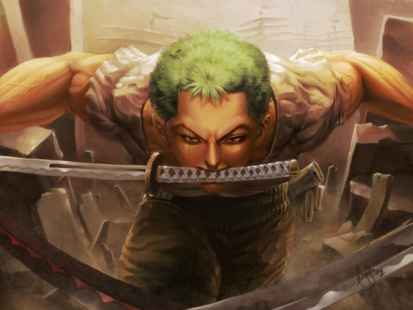 1boy commentary english_commentary green_hair highres holding holding_sword holding_weapon katana male_focus mouth_hold one_piece realistic roronoa_zoro scar scar_across_eye scar_on_face shirt short_hair short_sleeves signature solo sword weapon white_shirt wizyakuza