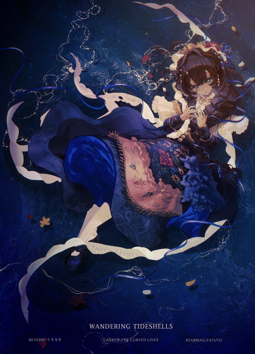 1girl absurdres black_cloak black_dress black_hair black_shoes blue_eyes cloak dark-skinned_female dark_background dark_skin dress english_text fatutu floating floral_print floral_print_dress full_body hands_up highres lace-trimmed_cloak long_dress long_hair looking_at_viewer mrruaaa official_alternate_costume print_dress reverse:1999 shoes socks solo spanish_clothes white_socks