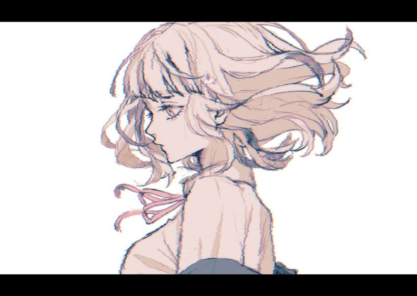 1girl brown_hair collared_shirt danganronpa_(series) danganronpa_2:_goodbye_despair flipped_hair galaga hair_ornament highres hood long_sleeves medium_hair nanami_chiaki neck_ribbon pink_eyes pink_ribbon ribbon shirt solo spaceship_hair_ornament v0_id11 white_shirt