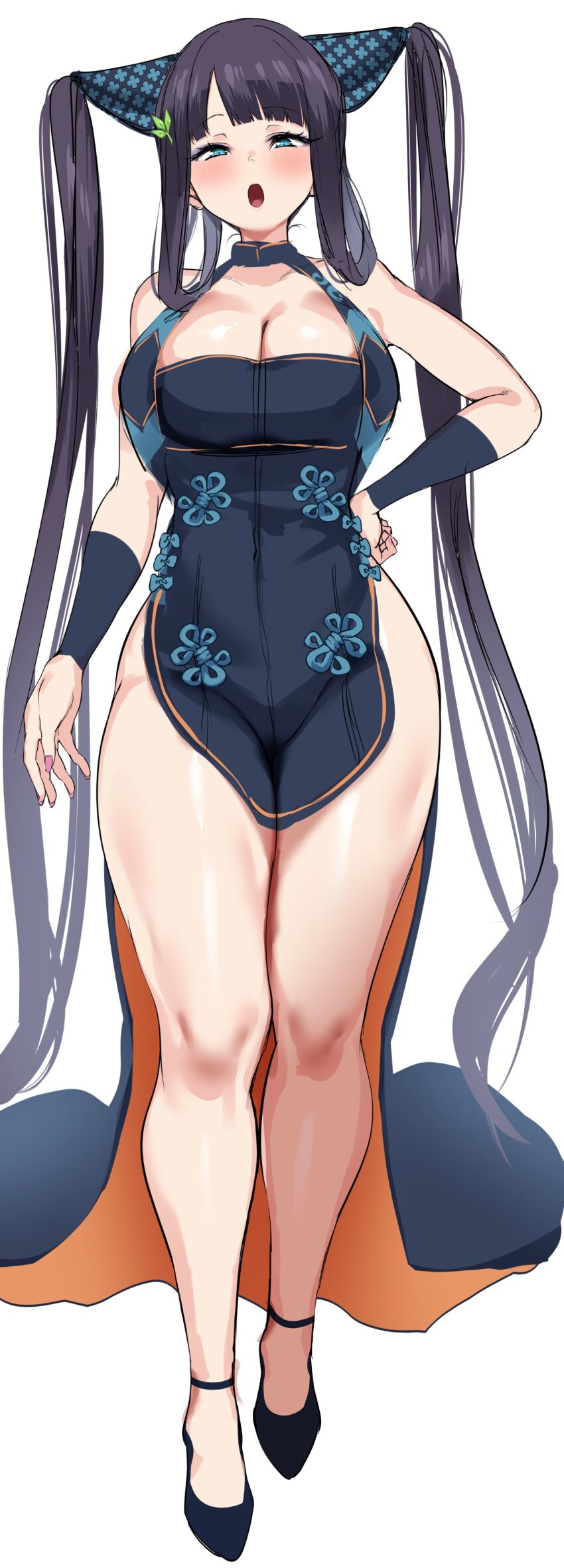 1girl absurdres agetama bare_shoulders black_dress blue_eyes blush breasts china_dress chinese_clothes cleavage detached_sleeves dress fate/grand_order fate_(series) full_body hair_ornament high_heels highres large_breasts leaf_hair_ornament long_hair looking_at_viewer open_mouth purple_hair side_slit sidelocks solo twintails very_long_hair yang_guifei_(fate) yang_guifei_(second_ascension)_(fate)