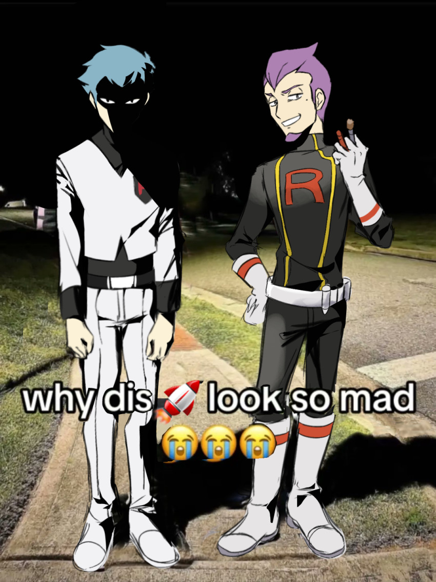 2boys archer_(pokemon) belt blue_hair boots crying_emoji emoji highres looking_at_viewer male_focus meme mole mole_under_eye multiple_boys nintendo partially_shaded_face petrel_(pokemon) photo_background pokemon pokemon_hgss purple_hair sidewalk sioma709iie standing team_rocket team_rocket_uniform white_footwear why_dis_ninja_look_so_mad_(meme)