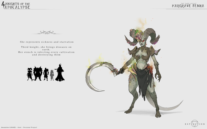 1girl amandine_girard armor breasts broken_horn centaur claws cleavage colored_sclera colored_skin commentary curled_horns english_commentary english_text full_body goat_legs grey_skin highres holding holding_sickle horns monster_girl mushroom original red_eyes red_sclera satyr shoulder_armor sickle tail taur
