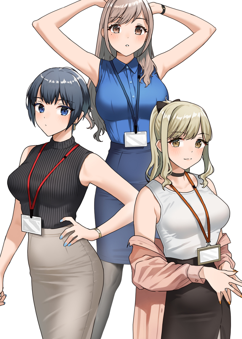 3girls :3 akaori_umeka armpits arms_up black_bow black_choker black_hair black_pantyhose black_shirt black_skirt blonde_hair blue_eyes blue_shirt blue_skirt blush bow breasts brown_eyes brown_skirt choker collared_shirt doushimasho earrings hair_bow hand_on_own_hip highres jewelry kaisha_no_senpai_akaori-san kirito_mihoko lanyard long_hair long_skirt long_sleeves looking_at_viewer medium_breasts mole mole_under_eye multiple_girls nail_polish pantyhose pink_shirt ponytail ribbed_shirt sawamoto_mikan shirt shirt_slip shirt_tucked_in short_hair side_slit skirt sleeveless sleeveless_shirt sleeveless_turtleneck tank_top tight_clothes tight_shirt turtleneck watch white_background white_tank_top wristwatch yellow_eyes