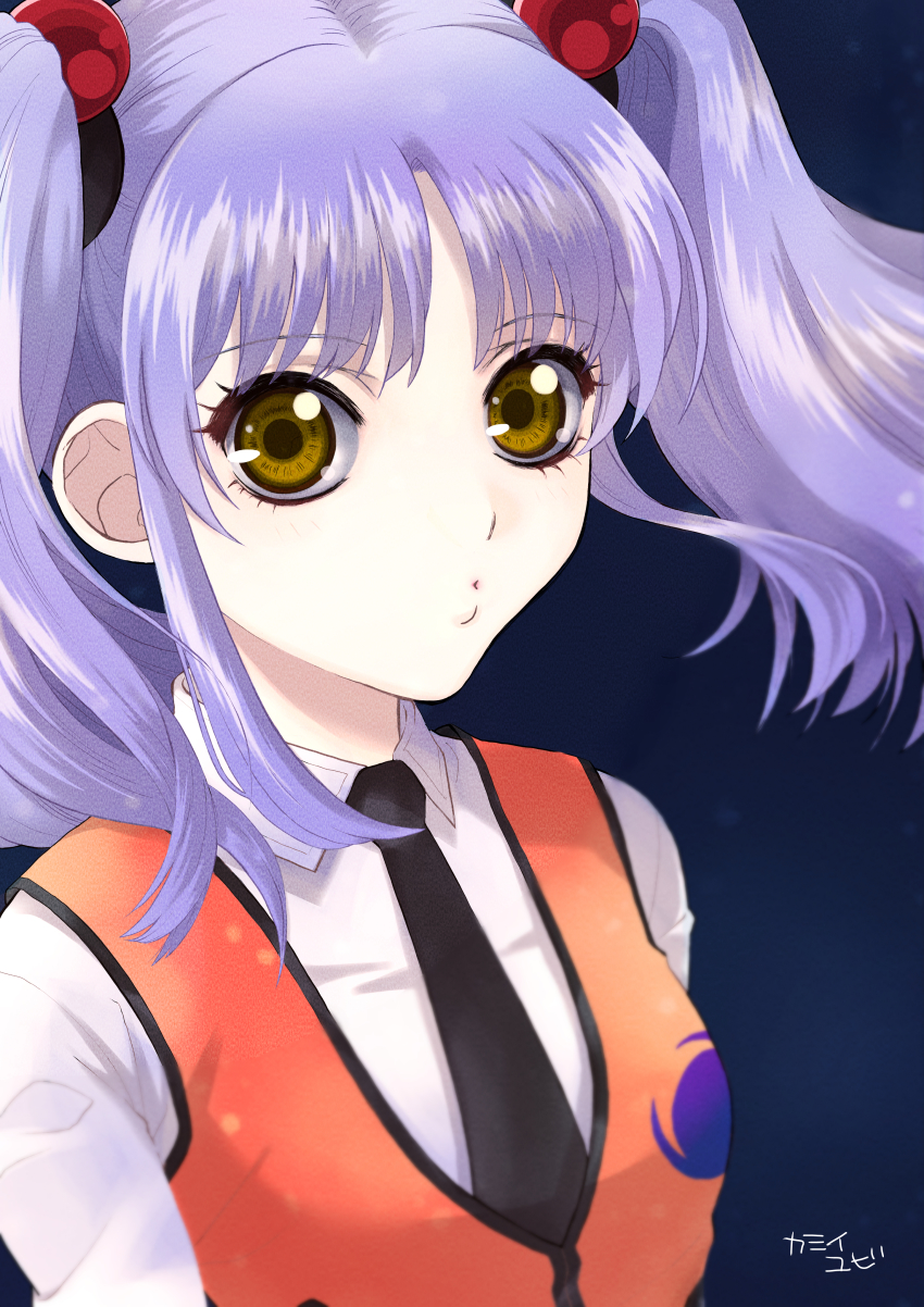 1girl absurdres artist_name close-up floating_hair highres hoshino_ruri huge_filesize kidou_senkan_nadesico looking_at_viewer medium_hair solo space twintails uniform white_hair yellow_eyes yubi_kamii