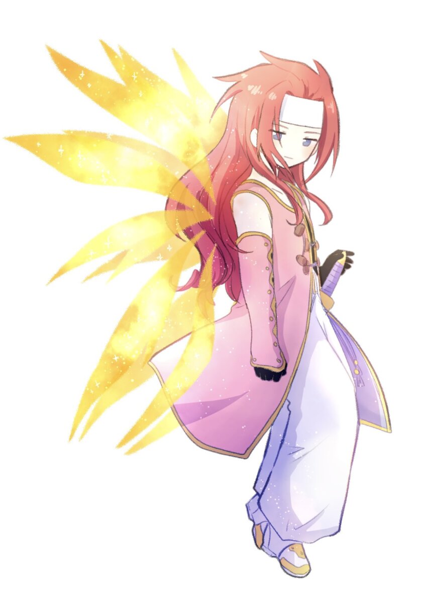 1boy black_gloves blue_eyes closed_mouth detached_wings full_body gloves headband highres hzk882 long_hair male_focus multiple_wings pants red_hair simple_background solo sword tales_of_(series) tales_of_symphonia weapon white_background white_headband white_pants wings zelos_wilder