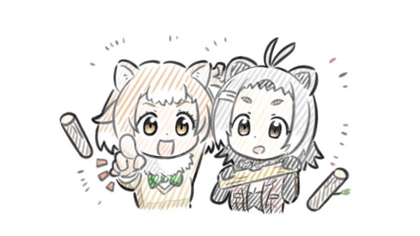 2girls :d american_beaver_(kemono_friends) animal_ears antenna_hair appleq beaver_ears black-tailed_prairie_dog_(kemono_friends) black_gloves bow bowtie breasts brown_eyes brown_gloves brown_hair brown_jacket brown_sweater cleavage commentary_request cropped_torso dog_ears elbow_gloves forehead fur_collar gloves green_bow green_bowtie grey_hair hair_ornament hairclip highres holding jacket kemono_friends log long_sleeves looking_at_viewer multicolored_hair multiple_girls notice_lines open_clothes open_jacket open_mouth pointing pointing_at_viewer short_eyebrows simple_background small_breasts smile sweater thick_eyebrows two-tone_hair upper_body white_background white_hair