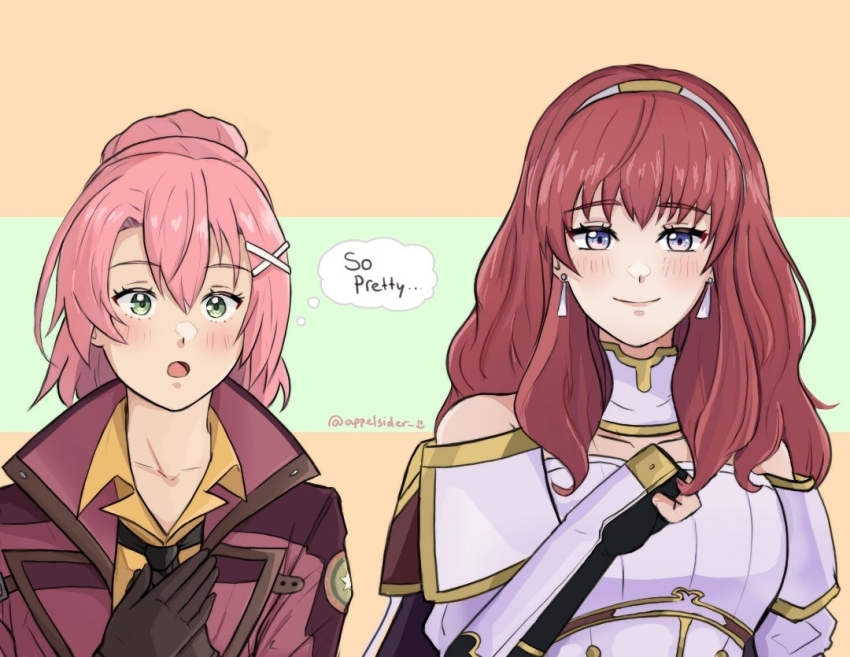 2girls appelsider armor breastplate cape celica_(fire_emblem) choker dress earrings eiyuu_densetsu fingerless_gloves fire_emblem fire_emblem_echoes:_shadows_of_valentia gloves green_eyes jacket jewelry juna_crawford long_hair multiple_girls necktie nintendo orange_shirt pink_hair princess purple_eyes red_hair sen_no_kiseki sen_no_kiseki_(series) sen_no_kiseki_iv shirt speech_bubble tiara touyama_nao voice_actor_connection white_armor white_dress