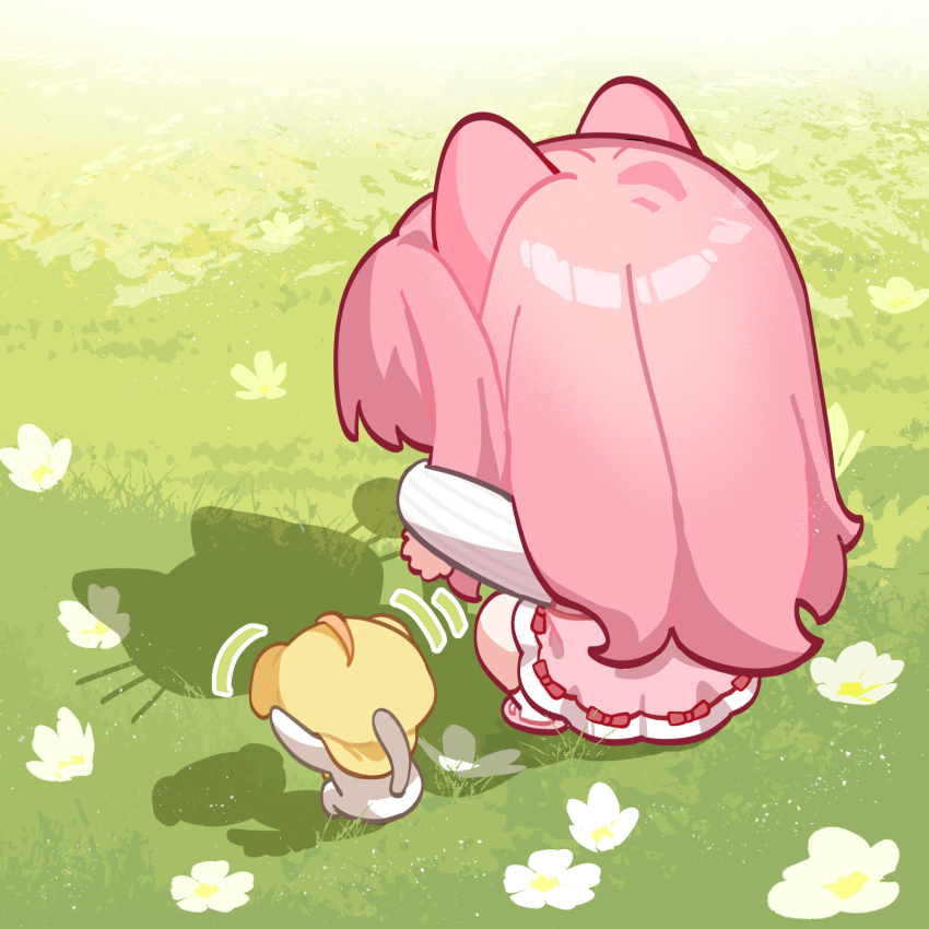 1girl ahoge animal animal_ears ankle_socks artist_request bloom_poetry_(shining_nikki) bow cat cat_ears cat_shadow_puppet_(meme) chibi chinese_commentary cloak clothed_animal commentary_request crossed_arms day dog dress dress_bow ear_covers fake_animal_ears field flower flower_field from_behind grass highres hood hood_up hooded_cloak light_particles long_hair long_sleeves mary_janes meme momo_(nikki) motion_lines nikki_(nikki) nikki_(series) official_art outdoors pink_dress pink_hair pink_shoes pleated_dress red_bow second-party_source shadow shining_nikki shirt shoes short_dress socks squatting striped_clothes striped_shirt vertical-striped_clothes vertical-striped_shirt white_cat white_flower white_shirt white_socks yellow_cloak