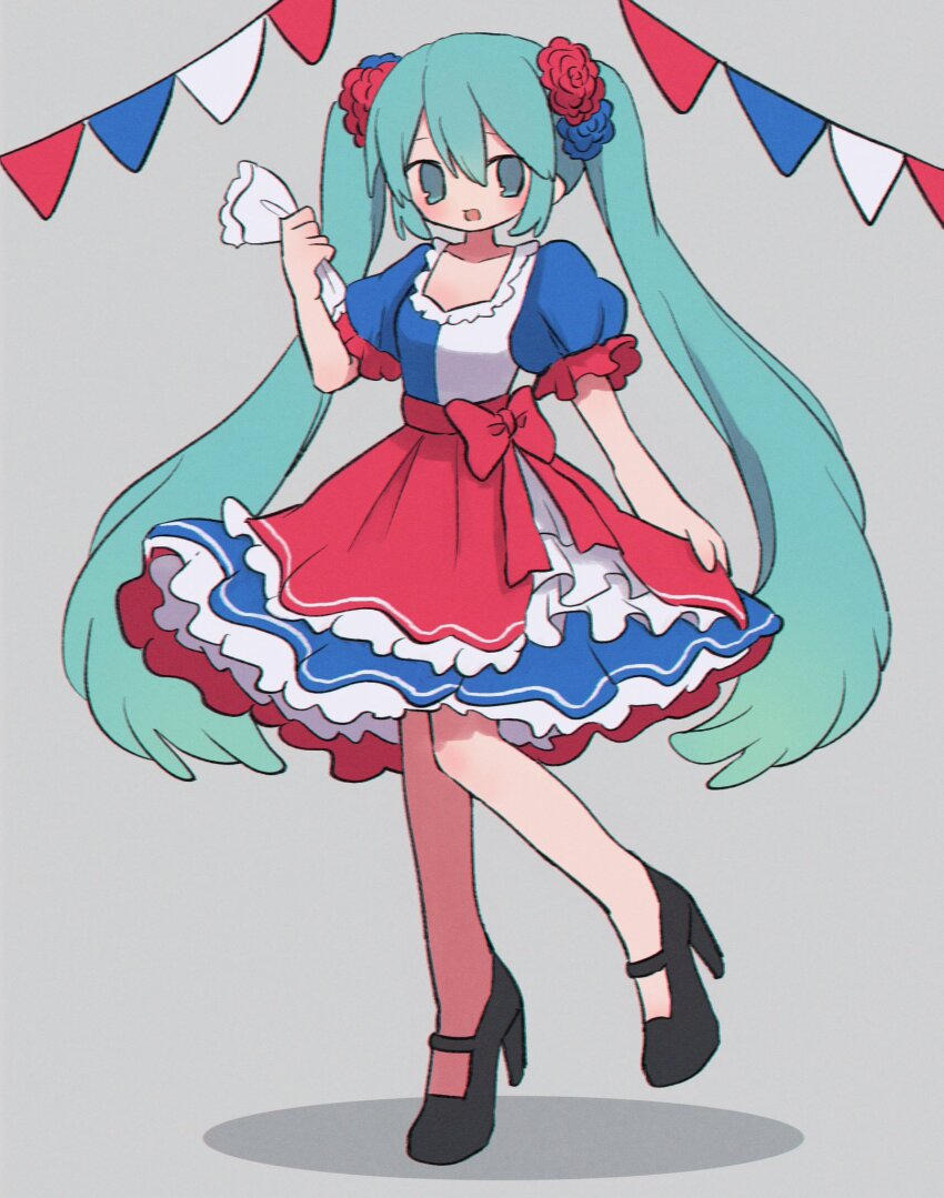 1girl aqua_eyes aqua_hair blue_eyes blush chile dress flower frilled_dress frills hair_flower hair_ornament hatsune_miku high_heels highres long_hair open_mouth ri_(qrcode) simple_background skirt smile solo twintails vocaloid