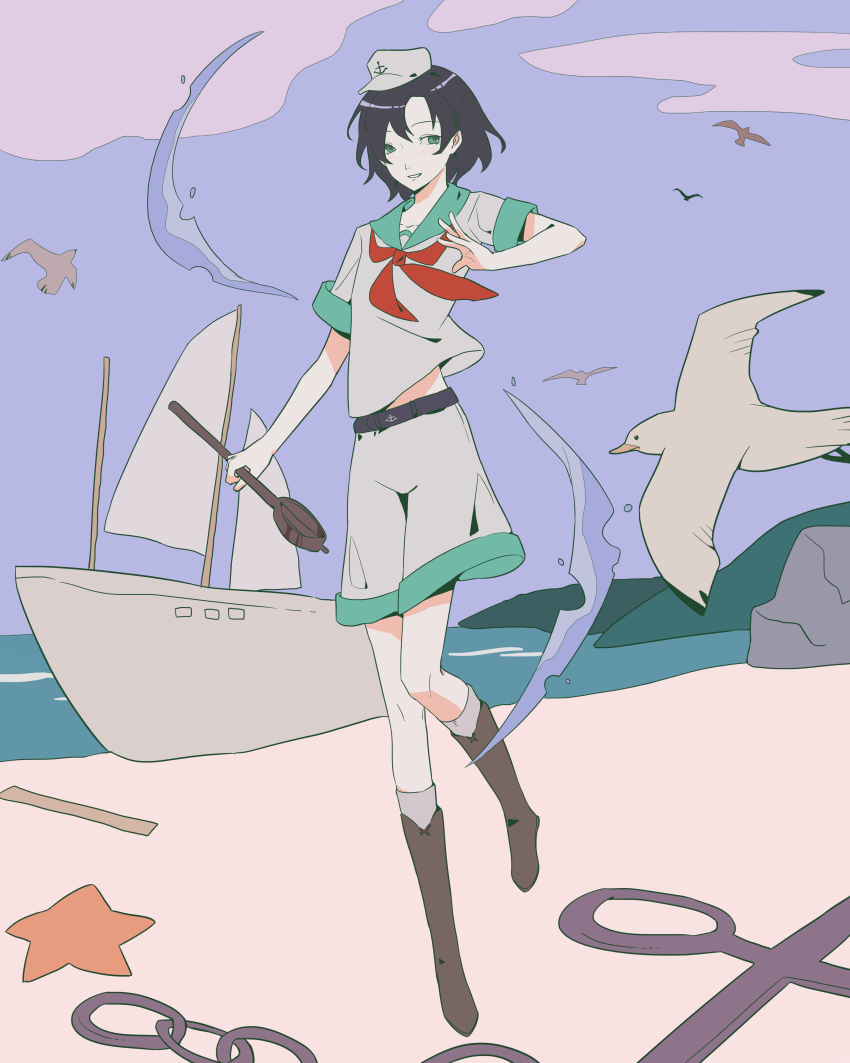 1girl absurdres anchor anchor_symbol beach belt bird black_belt black_hair blue_sky boat boots brown_boots chain collared_shirt full_body green_eyes hat highres holding holding_ladle knee_boots kneehighs ladle murasa_minamitsu neckerchief ocean outdoors red_neckerchief seagull shirt short_hair short_sleeves shorts sky socks solo starfish thursyue touhou water watercraft white_hat white_shirt white_shorts