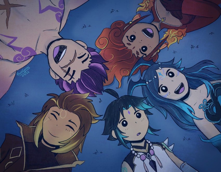 2girls 3boys ahoge alt_text aqua_hair black_eyes blonde_hair blue_hair bonanus_(genshin_impact) bosacius_(genshin_impact) brown_hair burrferns closed_eyes commentary dark-skinned_female dark_skin english_commentary facial_mark forehead_mark genshin_impact green_hair indarias_(genshin_impact) long_hair menogias_(genshin_impact) multicolored_hair multiple_boys multiple_girls omori open_mouth parody purple_hair red_hair scar scar_across_eye scar_on_face smile topless_male two-tone_hair xiao_(genshin_impact)