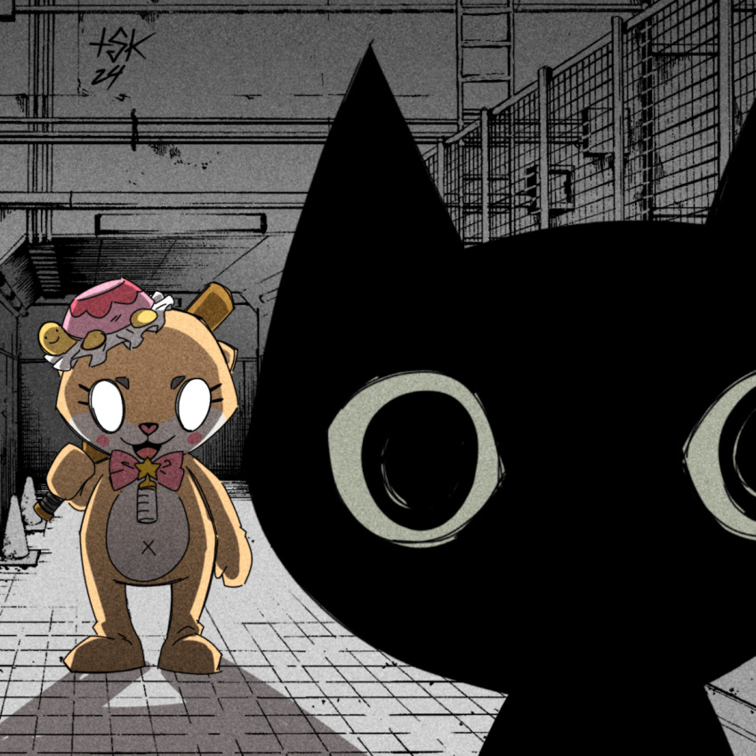 1other alley animal animal_ears baseball_bat black_cat black_eyes bow bowtie cat chiitan empty_eyes full_body hat highres holding holding_baseball_bat mascot mascot_costume original otter otter_ears standing tskmartinsen turtle x_navel