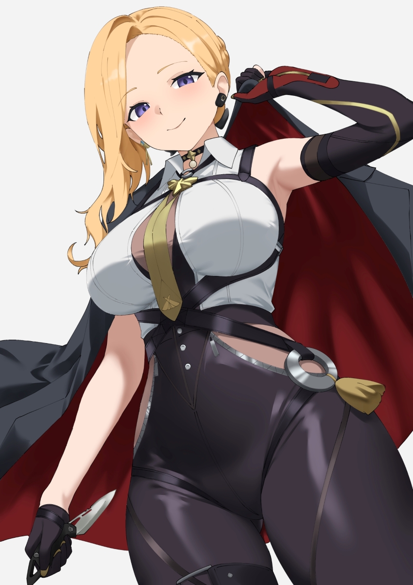 1girl absurdres arm_strap arm_up armpits azur_lane black_choker black_gloves black_jacket black_pants blonde_hair blue_eyes bodystocking breasts chest_harness choker closed_mouth collared_shirt commentary cosplay earrings elbow_gloves evelyn_chevalier evelyn_chevalier_(cosplay) gloves half_gloves harness high-waist_pants highres hip_vent holding holding_knife hood_(azur_lane) jacket jacket_on_shoulders jewelry knife large_breasts long_hair looking_at_viewer necktie pants parallelrey partially_fingerless_gloves shirt simple_background single_bare_shoulder single_elbow_glove single_half_glove skindentation sleeveless sleeveless_shirt smile solo standing swept_bangs tight_clothes tight_pants white_background white_shirt yellow_necktie zenless_zone_zero