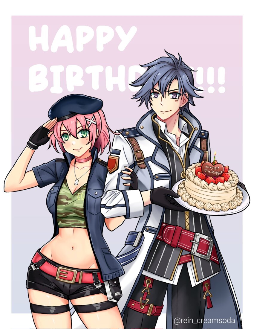1boy 1girl belt black_gloves black_hair black_jacket black_pants black_shorts blue_coat blue_hat cake camouflage camouflage_shirt coat dog_tags eiyuu_densetsu falcom food gloves green_eyes hair_ornament happy_birthday hat highres jacket juna_crawford pants pink_hair pink_ribbon ponytail purple_eyes rean_schwarzer red_belt ribbon sen_no_kiseki_(series) shirt shorts smile unifom white_coat white_shirt wide_hips zipper