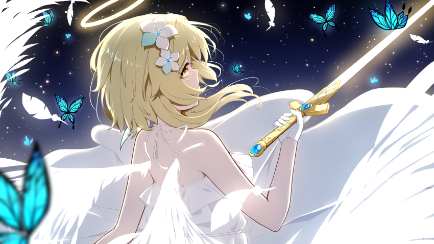 1girl absurdres alternate_costume angel angel_wings bare_shoulders blonde_hair blue_gemstone bug butterfly commentary_request dress energy_wings falling_feathers feathers floating_clothes flower from_behind gem genshin_impact gloves glowing glowing_sword glowing_weapon hair_flower hair_ornament halo hand_up highres holding holding_sword holding_weapon insect looking_up lumine_(genshin_impact) mxirony night night_sky outdoors short_hair_with_long_locks sky solo star_(sky) starry_sky sword upper_body weapon white_dress white_gloves white_wings wings yellow_eyes