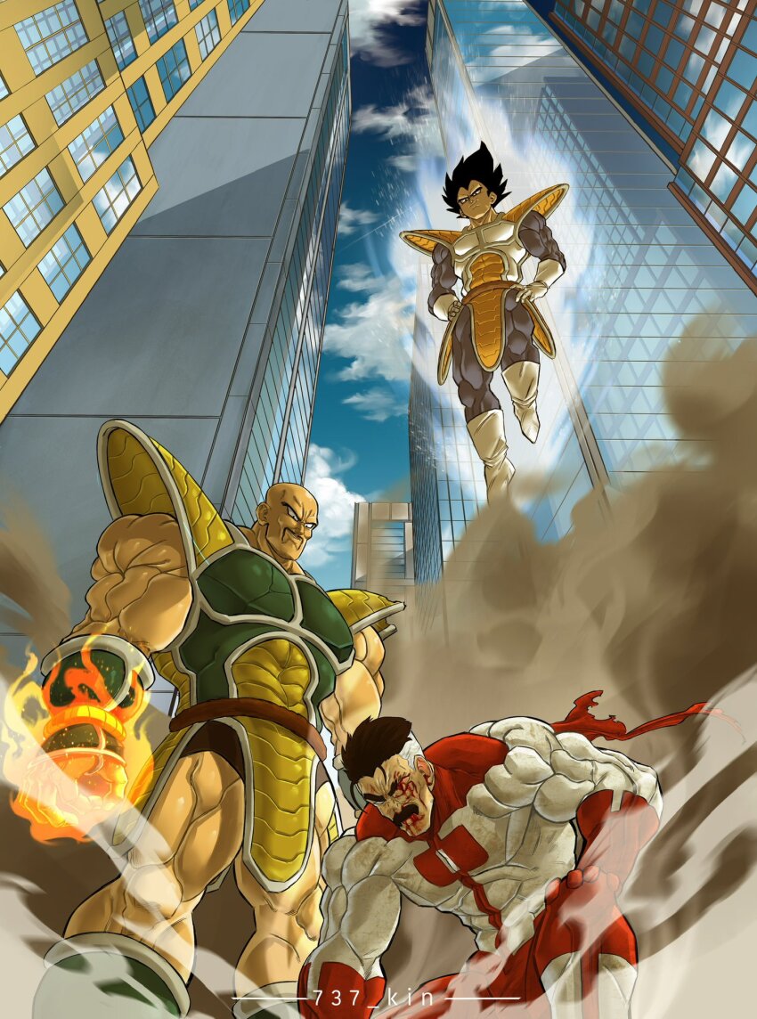 3boys 737_kin artist_name bald black_hair blood blood_on_face brown_hair building cape cloud commentary crossover dragon_ball dragonball_z english_commentary facial_hair highres invincible_(series) medium_hair multiple_boys muscular muscular_male nappa omni-man red_cape saiyan saiyan_armor short_hair sky skyscraper smug tail torn_cape torn_clothes vegeta
