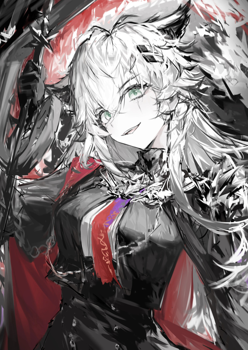 1girl absurdres aiguillette alternate_eye_color animal_ear_fluff animal_ears arknights artist_name black_gloves black_jacket black_skirt breasts brooch buttons cape colored_skin cropped_jacket gloves green_eyes grey_hair hair_between_eyes hair_ornament hairclip hand_up head_tilt high-waist_skirt high_collar highres holding holding_weapon jacket jewelry laoshi_wo_hao_e lappland_(arknights) lappland_the_decadenza_(arknights) large_breasts long_hair long_sleeves looking_at_viewer messy_hair necktie official_alternate_costume open_clothes open_jacket red_cape red_necktie scar scar_across_eye scar_on_face shirt shirt_tucked_in shoulder_pads single_shoulder_pad sketch skirt smile solo standing teeth upper_body upper_teeth_only weapon white_shirt white_skin wolf_ears wolf_girl