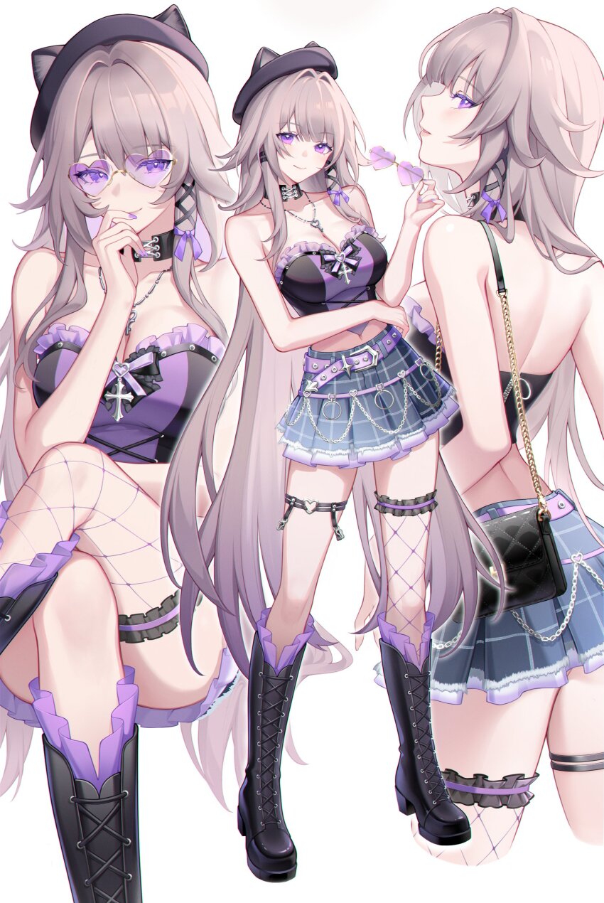 1girl absurdres alternate_costume bag belt black_boots black_choker black_hat boots breasts brown_hair choker cleavage crossed_legs grey_skirt hand_on_own_chin hat heart heart-shaped_eyewear herta_(honkai:_star_rail) highres holding holding_removed_eyewear honkai:_star_rail honkai_(series) jewelry key key_necklace median_furrow medium_breasts midriff minzu_u multiple_views necklace pleated_skirt purple-tinted_eyewear purple_belt purple_nails shirt shoulder_bag single_fishnet_legwear skirt smile strapless strapless_shirt stroking_own_chin the_herta_(honkai:_star_rail) tinted_eyewear unworn_eyewear white_background