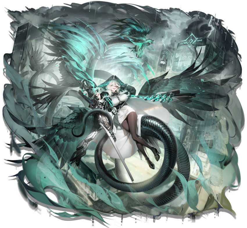 1girl absurdres arknights basilisk between_breasts black_footwear breasts brown_pantyhose building commentary crazy_eyes dress english_commentary full_body green_eyes green_wings grey_sky hand_over_eye head_wings high_heels highres ho&#039;olheyak_(arknights) large_breasts multiple_tails pantyhose ribiadan sky snake_tail solo strap_between_breasts tail transparent_background weapon_request white_dress white_hair wings
