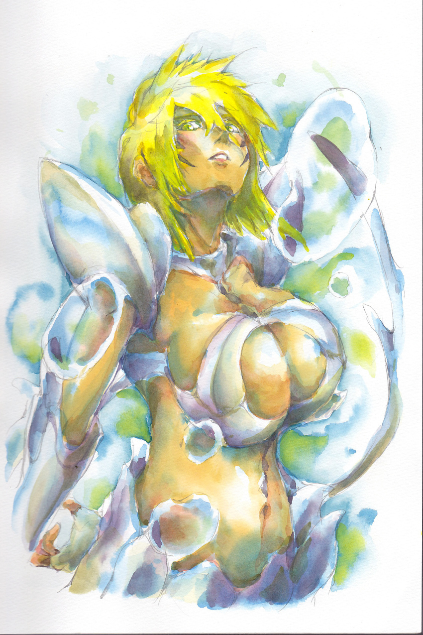 absurdres armor bikini_armor bleach breasts bubble cleavage cleavage_cutout clothing_cutout dark-skinned_female dark_skin green_eyes highres large_breasts nurikabe_(mictlan-tecuhtli) painting_(medium) revealing_clothes simple_background tier_harribel traditional_media watercolor_(medium) white_background