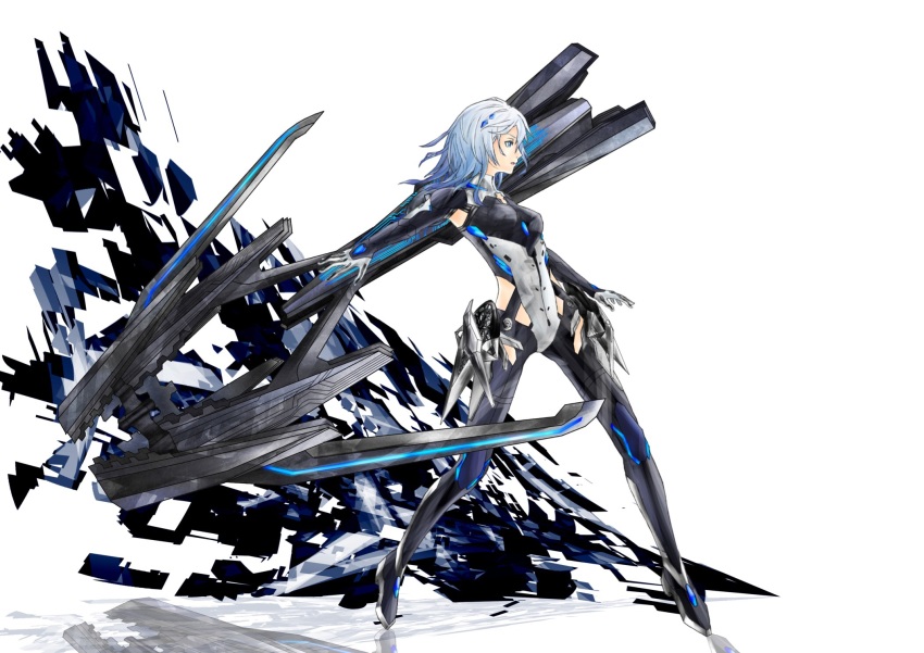 1girl android armpit_cutout beatless blue_eyes blue_hair bodysuit clothing_cutout device full_body gradient_hair hand_up high_heels highres holding holding_weapon leicia long_hair long_legs looking_to_the_side mecha_musume multicolored_hair r777668 science_fiction simple_background thumb_hole_sleeves tiptoes turtleneck turtleneck_bodysuit walking weapon white_background