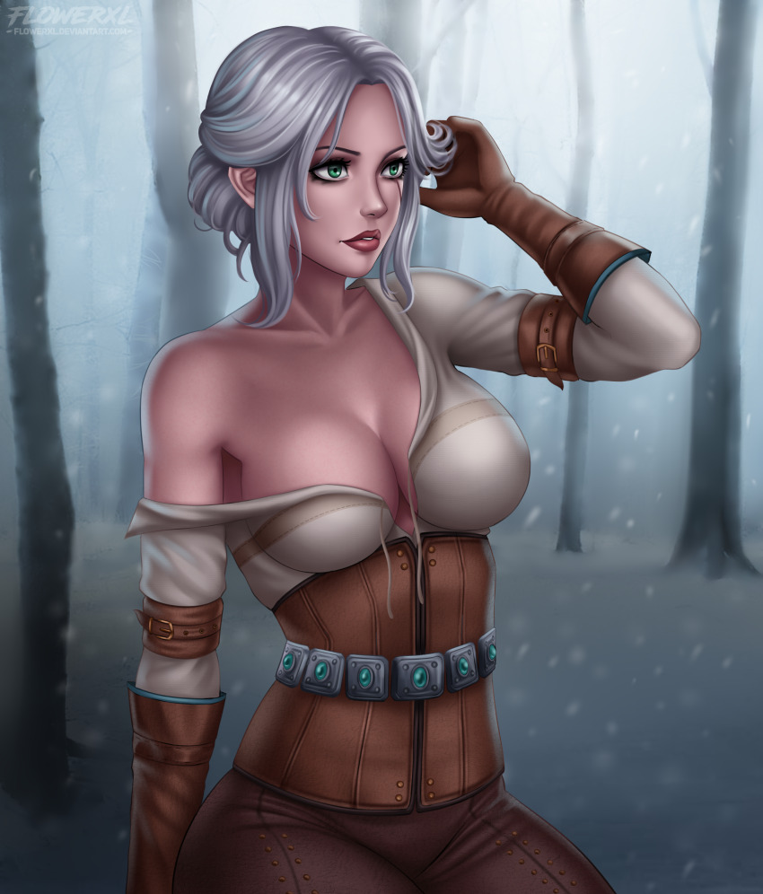 1girl absurdres adjusting_hair armband bare_shoulders breasts cd_projekt_red ciri cleavage clueless collarbone corset dark_forest day eyeshadow flowerxl from_side gloves green_eyes highres large_breasts leather leather_pants lips lipstick looking_to_the_side makeup mascara medium_hair outdoors pants shirt sitting snow solo tagme the_witcher_(series) the_witcher_3:_wild_hunt thighs tree watermark white_hair white_shirt