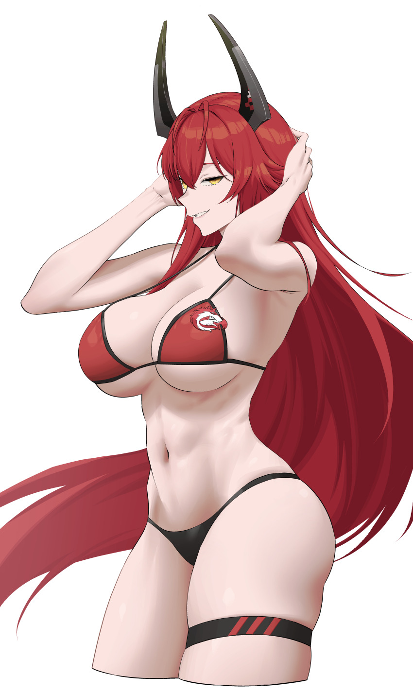 1girl absurdres armpits arms_up bare_shoulders bikini black_bikini breasts cleavage commentary cowboy_shot cropped_legs double-parted_bangs goddess_of_victory:_nikke grin groin hair_between_eyes hair_flaps hair_intakes highres horns large_breasts long_hair looking_at_viewer mechanical_horns mismatched_bikini navel orambe profile red_bikini red_hair red_hood_(nikke) sidelocks simple_background skindentation smile solo standing stomach swimsuit teeth thigh_strap toned toned_female very_long_hair white_background yellow_eyes
