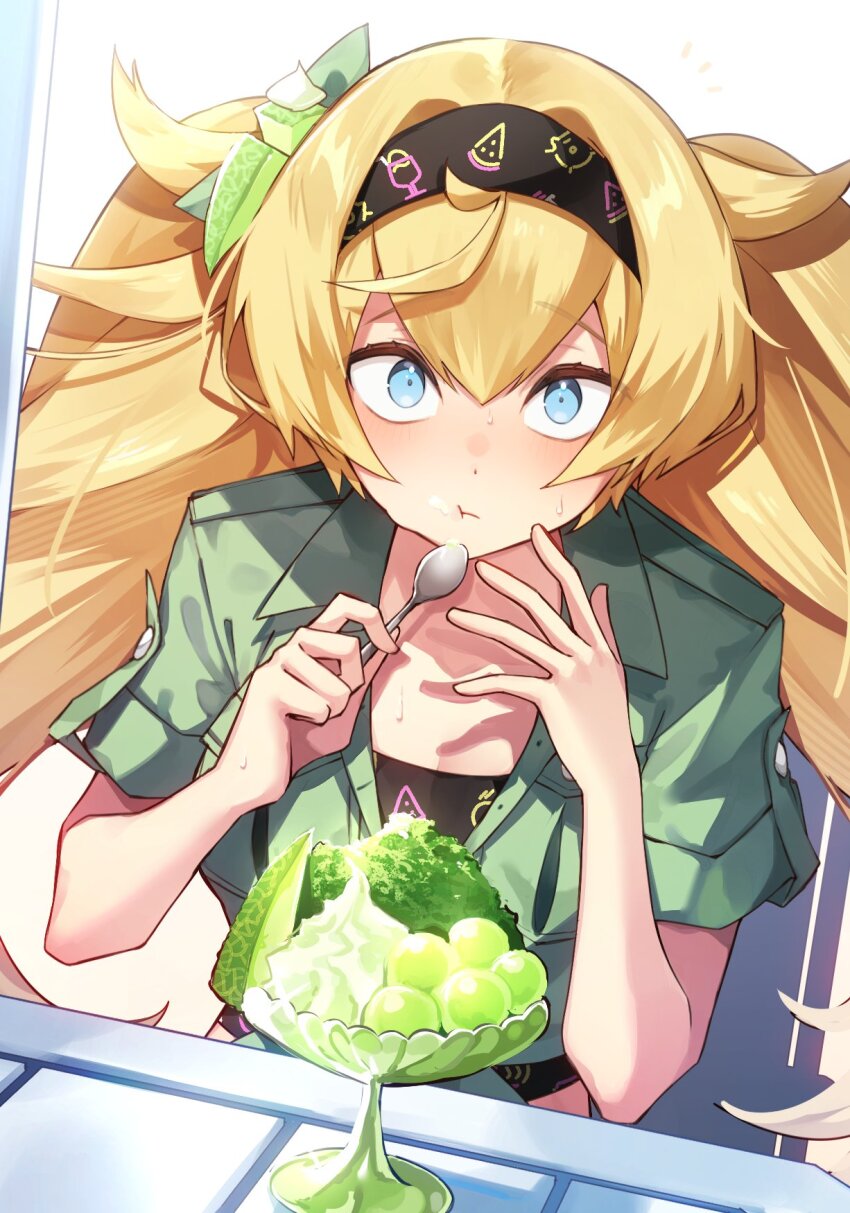 1girl black_hairband blonde_hair blue_eyes dessert food gambier_bay_(kancolle) gambier_bay_(summer)_(kancolle) green_shirt hair_between_eyes hairband highres kantai_collection looking_at_viewer shaved_ice shirt solo spoon tsumikitsuki_(katsuobushi) twintails