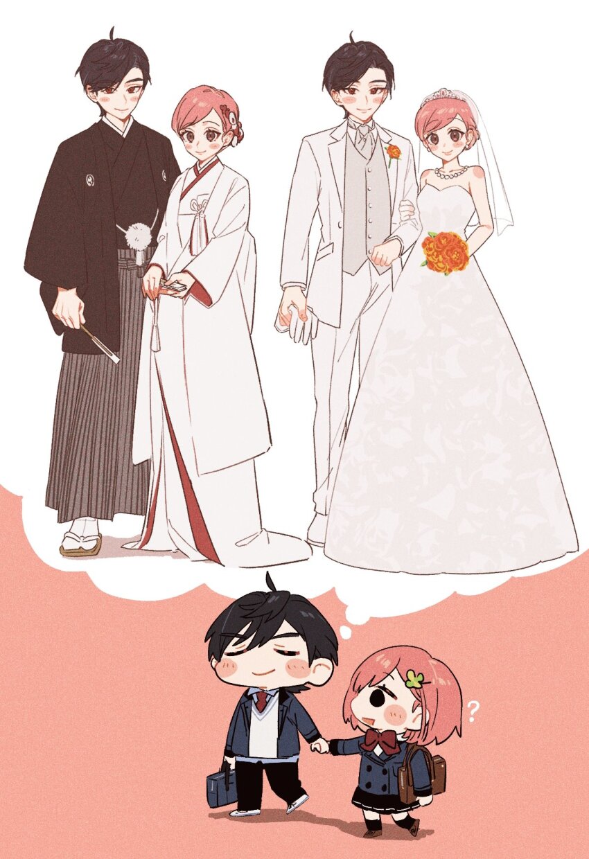 1boy 1girl ? arm_at_side ascot asymmetrical_bangs bare_shoulders bead_necklace beads black_hair black_jacket black_kimono black_pants black_socks blazer blue_jacket blue_shirt blush blush_stickers bouquet boutonniere bow bowtie bridal_veil bride briefcase brown_eyes chibi closed_mouth clover_hair_ornament collared_shirt couple dress earrings facing_viewer flower folded_fan folding_fan formal_clothes gloves grey_ascot grey_vest groom habataki_academy_school_uniform hair_ornament hairclip hand_fan hand_on_another&#039;s_arm haori haori_himo height_difference hetero highres holding holding_bouquet holding_briefcase holding_fan holding_gloves holding_hands holding_unworn_clothes imagining jacket japanese_clothes jewelry kazama_ryouta kimono long_sleeves looking_at_another looking_at_viewer looking_to_the_side necklace necktie nyuugakuman orange_flower outstretched_arm pants pink_hair profile protagonist_(tokimemo_gs4) red_background red_bow red_bowtie red_eyes red_necktie sandals school_briefcase school_uniform shirt shoes short_hair side-by-side simple_background smile socks speech_bubble standing strapless strapless_dress striped_hakama sweater swept_bangs tassel thought_bubble tiara tokimeki_memorial tokimeki_memorial_girl&#039;s_side tokimeki_memorial_girl&#039;s_side_4th_heart uchikake unworn_gloves updo veil vest walking wedding_dress white_background white_dress white_jacket white_kimono white_pants white_shirt white_socks zouri