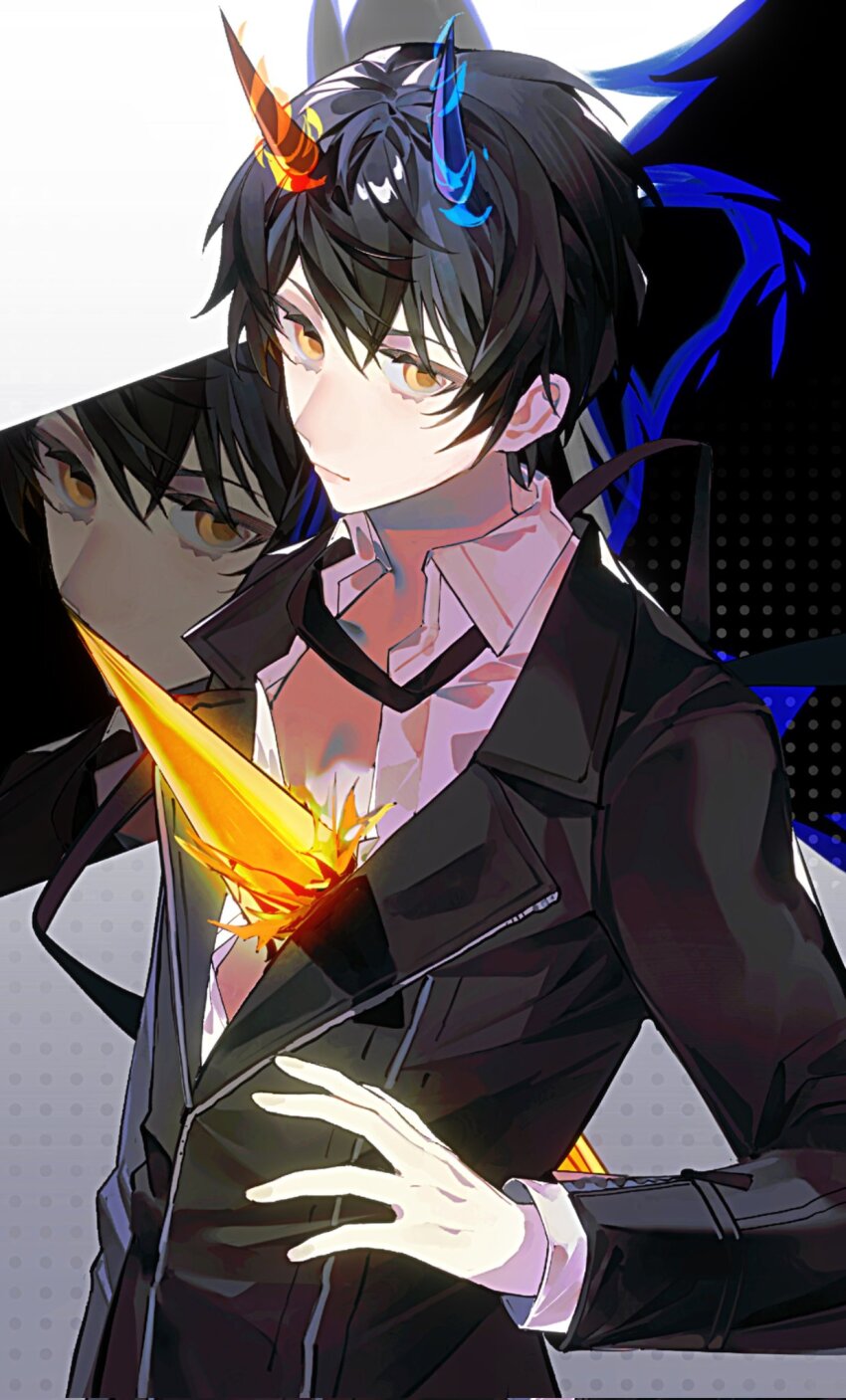 1boy asymmetrical_horns black_hair black_jacket blue_horns collared_shirt energy energy_wings highres horns impaled jacket looking_at_viewer male_focus mismatched_horns original red_horns shirt short_hair simple_background solo tower_of_god twenty-fifth_bam white_shirt wings yellow_eyes yukii_masako