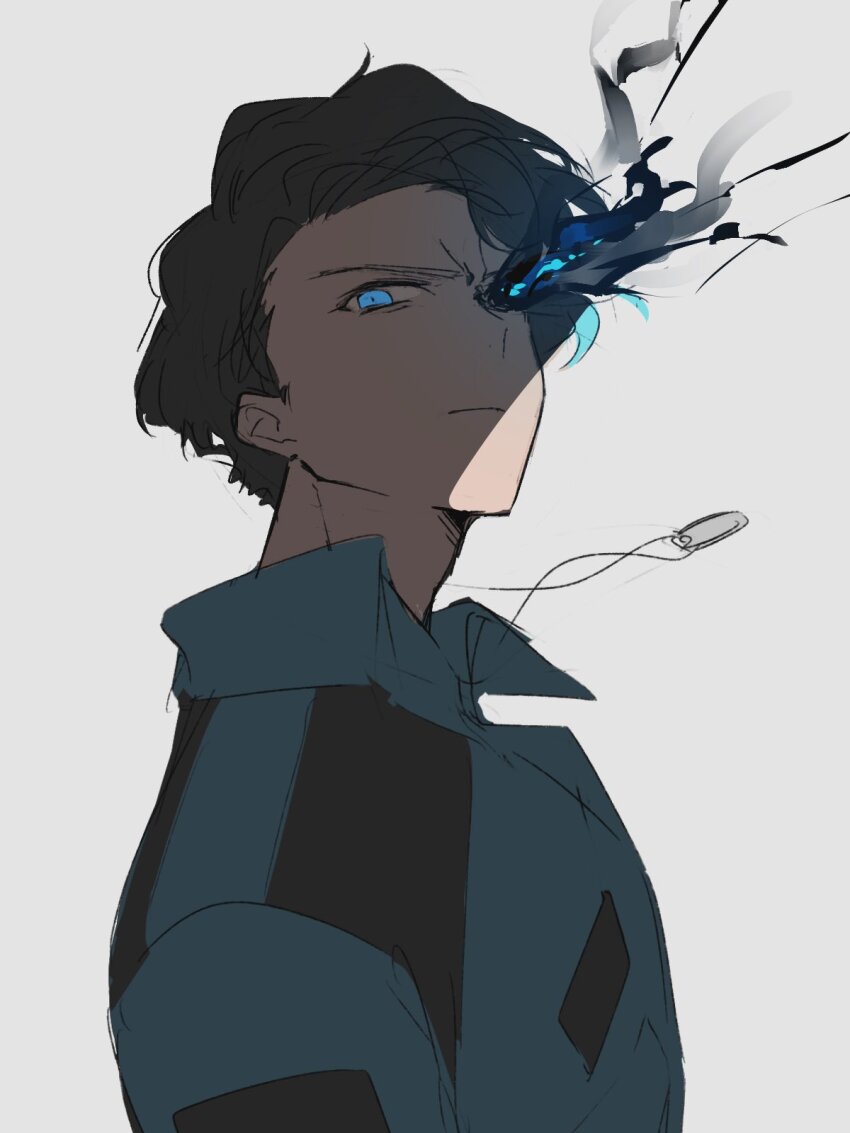 1boy black_hair blue_eyes ebony_nightmare flaming_eye frown glowing glowing_eyes highres hiruma_gento jacket looking_at_viewer male_focus shirt short_hair simple_background solo standing tokusatsu tsuburaya_productions ultra_series ultraman_blazar ultraman_blazar_(series) upper_body white_background