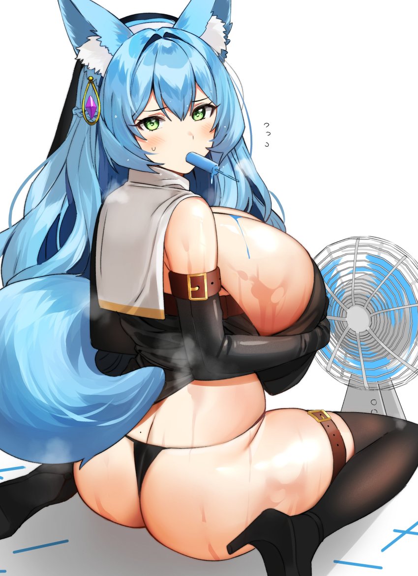1girl absurdres animal_ear_fluff animal_ears aqua_hair ass black_dress black_gloves black_panties black_thighhighs blush borrowed_character braid breasts breath clothes_lift dress dress_lift earrings elbow_gloves electric_fan flying_sweatdrops food fox_ears fox_tail gloves green_eyes head_tilt high_heels highres huge_breasts jewelry lifting_own_clothes long_hair looking_at_viewer meettheton mole mole_on_back mouth_hold original panties popsicle simple_background single_earring sister_reine_(foxyreine) sitting solo sweat tail thighhighs thong underwear wet white_background