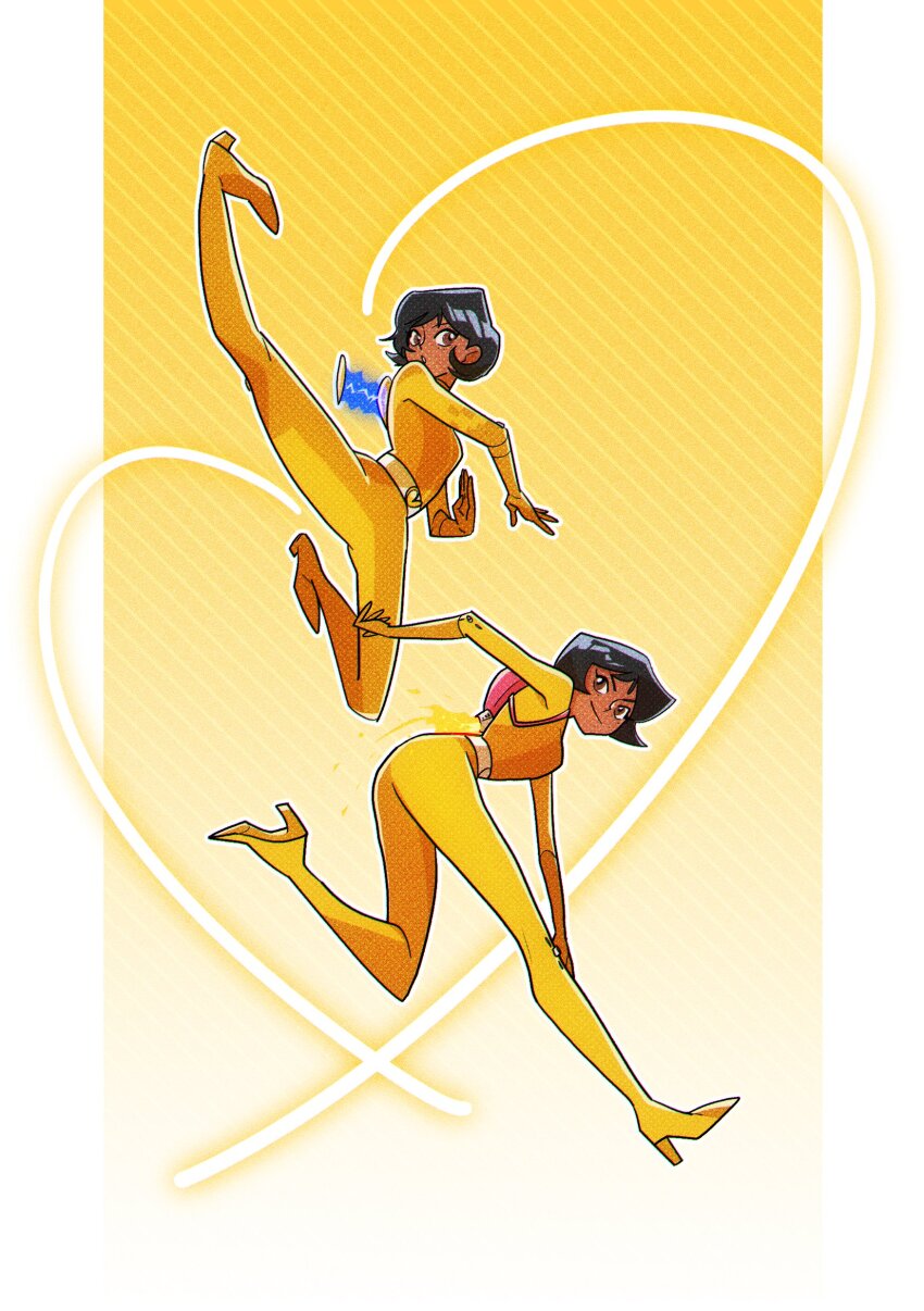 1girl absurdres alex_(totally_spies) bag black_hair bodysuit commentary freckles full_body gradient_background heart high_heels highres leg_up short_hair shoulder_bag smile totally_spies whoop_catsuit yellow_background yellow_bodysuit yuzikoz_mega