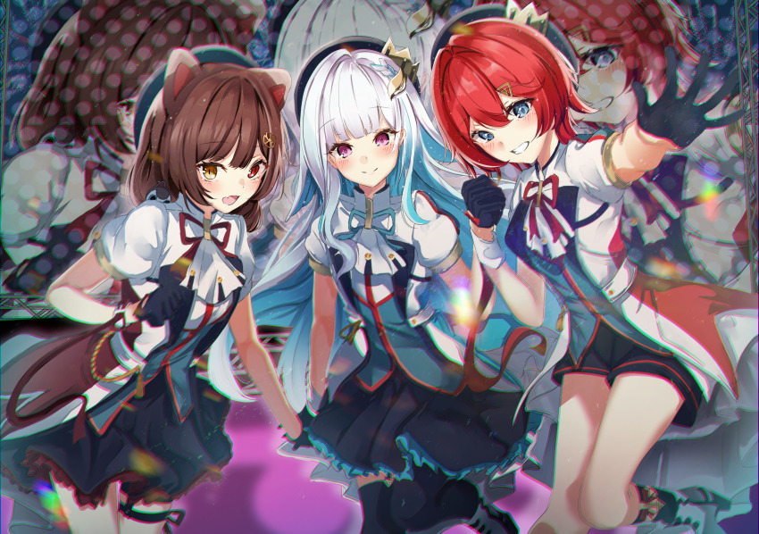 3girls absurdres ange_katrina animal_ears animal_hair_ornament ankle_boots beret blue_gloves blue_hair blue_hat blue_ribbon blue_shorts blue_skirt blue_thighhighs blunt_bangs blush boots braid breasts brown_hair chromatic_aberration closed_mouth colored_inner_hair colored_lapels commentary_request crown_hat_ornament dog_ears eyelashes fang flower foot_up frilled_skirt frills gloves grin group_picture hair_between_eyes hair_flower hair_intakes hair_ornament half_gloves hand_up hands_up hat heavy_chromatic_aberration heterochromia high_heel_boots high_heels highres idol_clothes inui_toko jacket lize_helesta long_hair long_sidelocks looking_at_viewer mika_uni miniskirt multicolored_hair multiple_girls neck_ribbon nijisanji open_mouth outstretched_arm pleated_skirt purple_eyes red_eyes red_hair red_ribbon ribbon sanbaka_(nijisanji) screen_zoom short_hair short_sleeves shorts sidelocks single_hair_intake single_sidelock single_wrist_cuff skin_fang skirt small_breasts smile split_mouth spread_fingers streaked_hair swept_bangs tassel thigh_strap thighhighs triangle_hair_ornament truss two-tone_hair very_long_hair virtual_youtuber white_boots white_hair white_jacket white_wrist_cuffs wrist_cuffs wrist_ribbon yellow_eyes