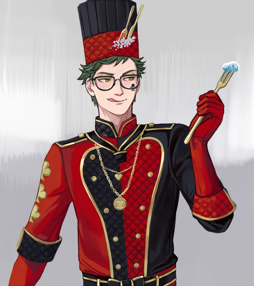 1boy chef_hat commentary facial_mark fork green_eyes green_hair hashtag-only_commentary hat heart highres holding holding_fork jacket jewelry male_focus multicolored_jacket necklace smile solo tongue tongue_out trey_clover twisted_wonderland two-tone_jacket upper_body vasiliy-plumber