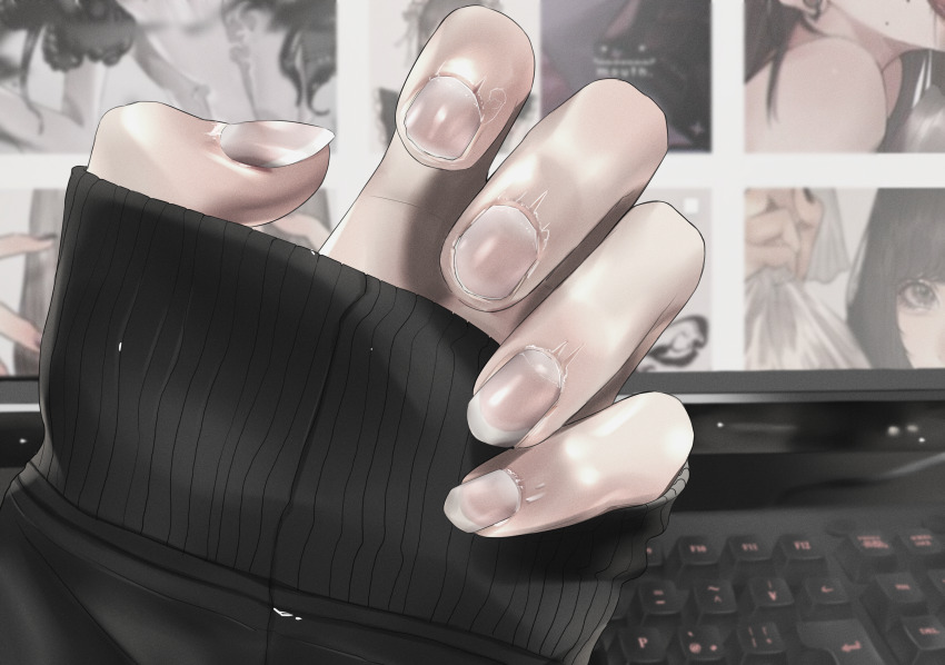 1other absurdres blurry close-up commentary computer_keyboard depth_of_field fingernails hand_focus highres long_fingernails mano_aaa monitor original sleeves_past_wrists solo