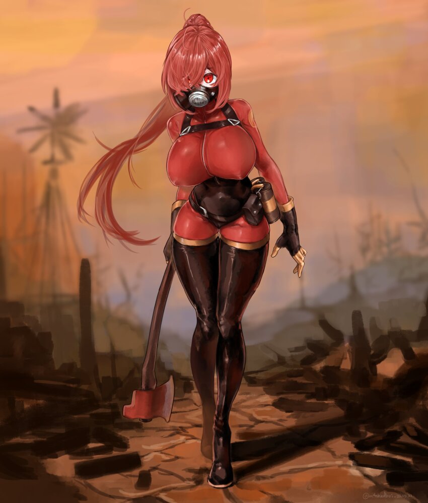 1girl absurdres axe black_gloves bodysuit boots breasts commission covered_erect_nipples fire_axe full_body genderswap genderswap_(otf) gloves hair_over_one_eye highres holding holding_axe holding_weapon large_breasts latex latex_bodysuit latex_boots latex_gloves long_hair looking_at_viewer m4skedboi mask outdoors ponytail pyro_(tf2) red_bodysuit red_eyes red_hair red_pyro_(tf2) respirator shadow solo standing sunset team_fortress_2 thigh_boots weapon