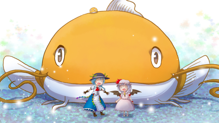 &gt;_&lt; 2girls :d blue_hair boots catfish closed_eyes female_focus fingerless_gloves fish food fruit gloves hat highres hinanawi_tenshi kana_tako long_hair mob_cap multiple_girls namazu_(touhou) open_mouth peach remilia_scarlet shirt shoes short_hair skirt skirt_set smile tako touhou xd