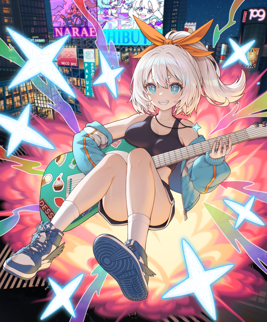 1girl absurdres bare_shoulders black_shorts blue_eyes blue_jacket breasts building city collarbone crop_top dead_10001 electric_guitar explosion full_body grin guitar hair_between_eyes hair_ribbon highres holding holding_instrument holding_plectrum instrument jacket jewelry large_breasts long_hair long_sleeves looking_at_viewer medium_breasts midriff music necklace off_shoulder open_clothes open_jacket orange_ribbon original playing_instrument plectrum ponytail puffy_long_sleeves puffy_sleeves ribbon sharp_teeth shoe_soles shoes short_eyebrows short_shorts shorts smile sneakers socks solo star_(symbol) teeth thick_eyebrows white_hair white_socks yellow_ribbon