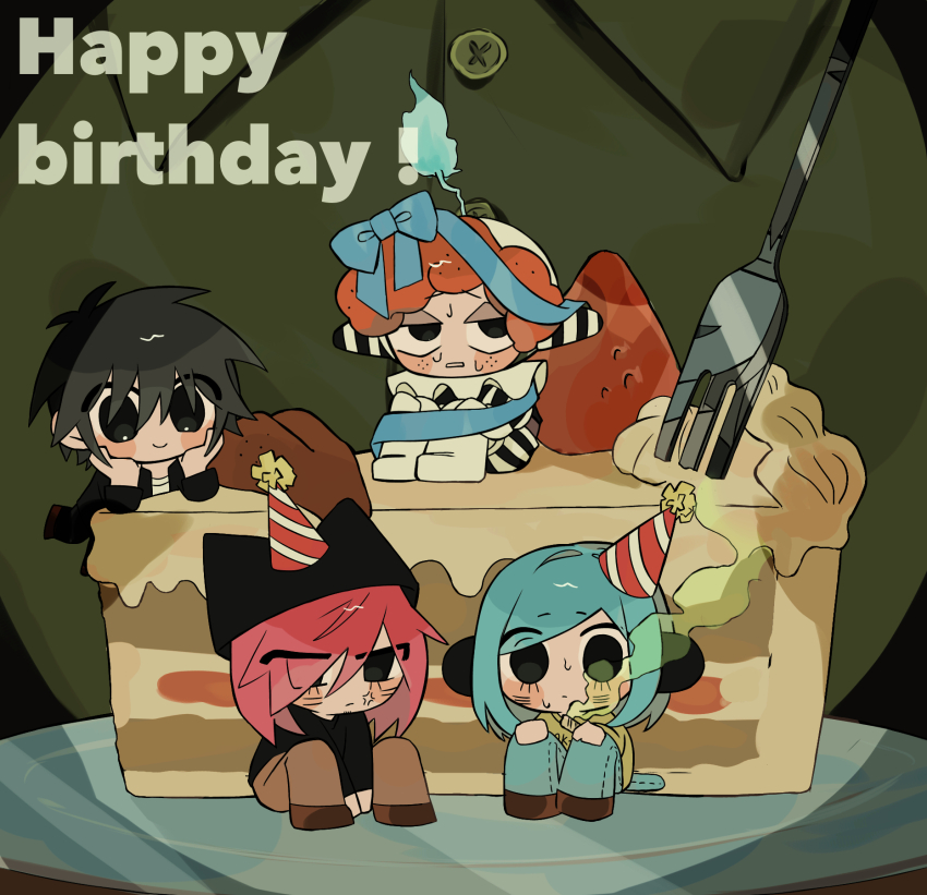 5boys animal_ears animal_hat birthday_cake black_eyes black_hair blue_hair cake cake_slice candle cat_hat cat_tail clown facial_mark fake_animal_ears fake_tail food fork gakuran green_background happy_birthday hat highres looking_at_viewer luther_von_ivory male_focus marijuana mini_person miniboy multiple_boys nyen_(randal&#039;s_friends) nyon_(randal&#039;s_friends) party_hat pink_hair r_mame_n randal&#039;s_friends school_uniform sebastian_de_tomato_smith_chicken_legs short_hair smoke strawberry_cake tail tsukada_satoru whisker_markings