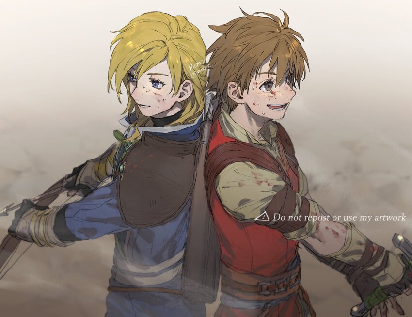 2boys 91007 armor arrow_(projectile) artist_name back-to-back blonde_hair blood blood_on_clothes blood_on_face blue_eyes blue_tunic bow_(weapon) brown_eyes brown_hair commentary_request drawing_bow edward_(fire_emblem) fire_emblem fire_emblem:_radiant_dawn gloves gradient_background grey_background holding holding_bow_(weapon) holding_sword holding_weapon leonardo_(fire_emblem) long_hair male_focus multiple_boys nintendo open_mouth quiver red_tunic shirt short_hair short_sleeves shoulder_armor smile sweat sword teeth tunic twitter_username upper_body watermark weapon