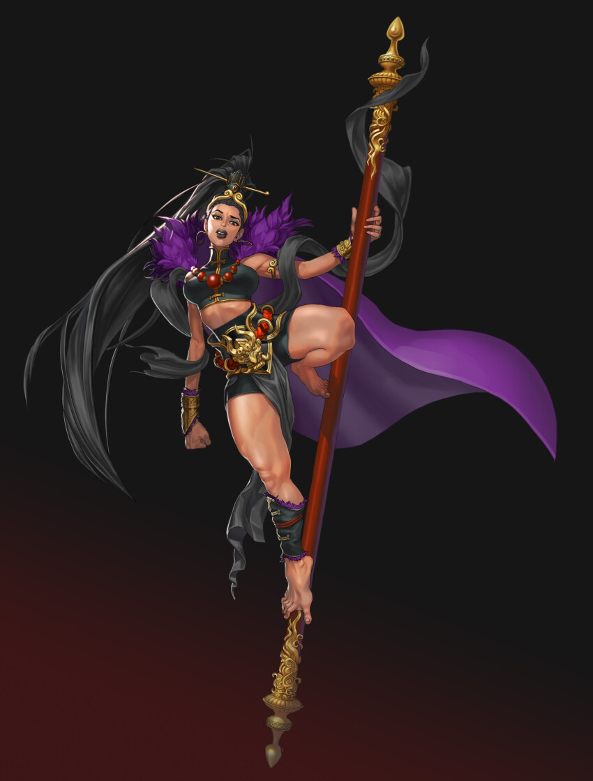 1girl absurdres bare_shoulders barefoot beads black_background black_eyes black_hair black_lips bo_staff cape character_request check_character check_copyright clenched_hand copyright_request dragon earrings eyeshadow feet fingernails gold_headdress gold_trim gold_vambraces green_eyeshadow hair_ornament highres hoop_earrings jeseol jewelry kung_fu leaning_on_object long_hair looking_at_viewer makeup midriff original parted_lips prayer_beads purple_cape purple_fur raised_eyebrow red_background ruyi_jingu_bang solo spread_toes sun_wukong tan thick_thighs thighs tiptoes toenails toes two-tone_background vambraces very_long_hair wuxia