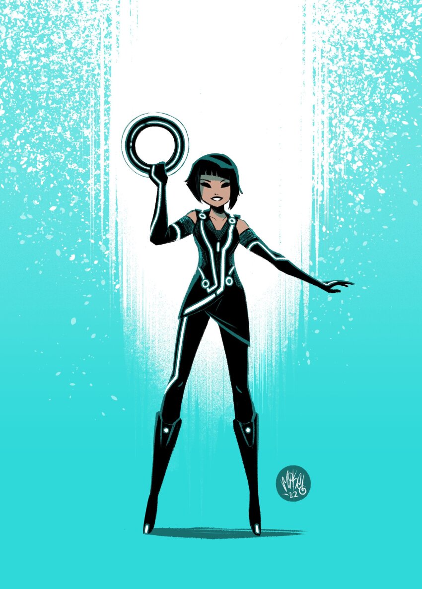 1girl absurdres aqua_background aqua_trim artist_name asymmetrical_bangs asymmetrical_hair bare_shoulders black_boots black_eyeshadow black_gloves black_hair black_lips black_pants black_shirt blunt_bangs bob_cut boots breasts chakram circle closed_eyes collarbone commentary dated elbow_gloves english_commentary eyeshadow facing_viewer full_body gloves gradient_background green_trim grin hatching_(texture) highres holding holding_weapon knee_boots legs_apart lipstick makeup mikemaihack pants parted_lips quorra shadow shirt short_hair signature sleeveless sleeveless_shirt small_breasts smile solo standing tron tron:_legacy weapon white_background white_trim