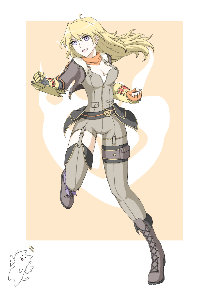 1girl absurdres ahoge asymmetrical_clothes blonde_hair boots border breasts brown_boots cat cleavage clenched_hands cropped_jacket ember_celica_(rwby) fingerless_gloves garter_straps gloves hair_between_eyes halo highres knee_boots lace-up_boots long_hair medium_breasts orange_gloves orange_scarf prosthesis purple_eyes rwby scarf single_pantsleg single_thighhigh smile solo standing standing_on_one_leg thighhighs tsukimizake white_border white_cat yang_xiao_long yellow_background
