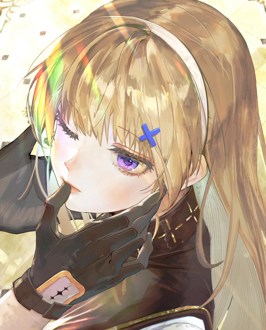 1boy 1girl absurdres black_collar black_gloves blonde_hair chinese_commentary closed_mouth collar commentary_request finger_to_another&#039;s_mouth gloves hair_ornament highres jin_sumire long_hair looking_at_another male_rover_(wuthering_waves) one_eye_closed phoebe_(wuthering_waves) portrait purple_eyes rover_(wuthering_waves) solo_focus tacet_mark_(wuthering_waves) wuthering_waves x_hair_ornament