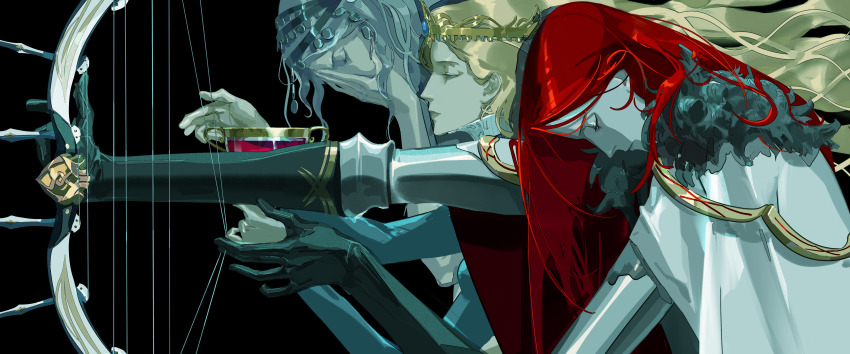 1boy 2girls absurdres armor black_background blonde_hair blue_eyes bow_(weapon) cape closed_eyes crown cup failnaught_(fate) fate/grand_order fate_(series) from_side fur-trimmed_cape fur_trim gloves grey_hair hair_ornament half-closed_eyes highres holding holding_bow_(weapon) holding_cup holding_harp holding_instrument holding_weapon instrument long_hair multiple_girls music original playing_instrument profile red_hair simple_background siyemmm tristan_(fate) upper_body weapon white_cape