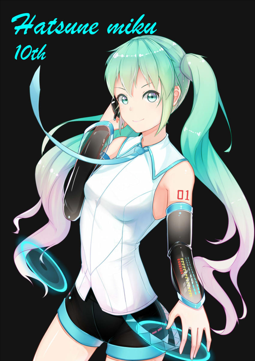 1girl black_background black_shorts blue_necktie character_name cowboy_shot detached_sleeves female_focus floating_hair gradient_hair green_eyes green_hair hair_between_eyes hand_on_headphones hatsune_miku highres long_hair looking_at_viewer multicolored_hair necktie pink_hair see-through_silhouette shirt short_shorts shorts simple_background sleeveless sleeveless_shirt smile solo standing twintails two-tone_hair very_long_hair vocaloid white_shirt zuiai_gongzhu_dianxia