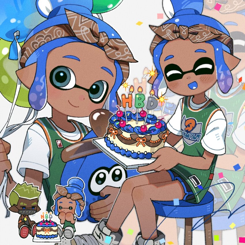 1boy 1girl balloon birthday_cake black_shorts brown_bandana cake chibi chibi_inset closed_eyes colored_tongue dark-skinned_female dark-skinned_male dark_skin dolphin_shorts dot_nose fang food grey_footwear hair_bun hg_swdiary highres holding holding_balloon holding_plate holding_stuffed_toy inkling inkling_boy inkling_girl inkling_player_character jersey lower_teeth_only nintendo open_mouth plate pointy_ears purple_hair purple_tongue shirt short_hair shorts single_hair_bun smile splatoon_(series) stuffed_squid stuffed_toy t-shirt teeth tentacle_hair white_shirt zoom_layer