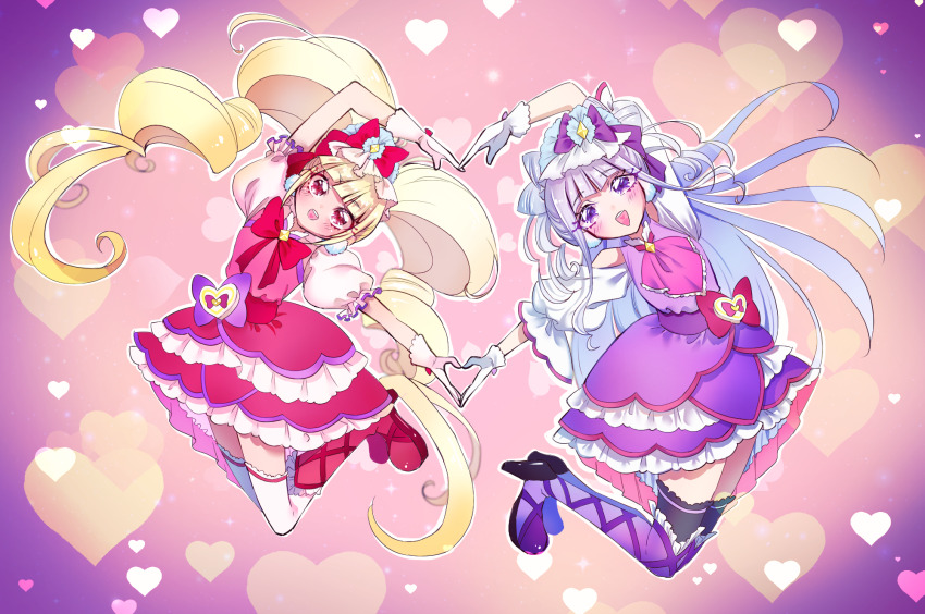 2girls aisaki_emiru ascot black_thighhighs blonde_hair blunt_bangs boots bow bowtie clothing_cutout commentary cure_amour cure_macherie dress dress_bow earrings frilled_dress frilled_sleeves frills hat hat_bow heart heart_arms heart_arms_duo heart_background high_heel_boots high_heels highres hugtto!_precure jewelry knee_boots layered_dress legs_up long_hair looking_at_viewer magical_girl miisu_(minirose) mob_cap multiple_girls open_mouth pom_pom_(clothes) pom_pom_earrings precure puffy_short_sleeves puffy_sleeves purple_ascot purple_bow purple_dress purple_eyes purple_footwear purple_hair red_bow red_bowtie red_dress red_eyes red_footwear ruru_amour short_sleeves shoulder_cutout smile thigh_boots thighhighs very_long_hair white_hat white_thighhighs