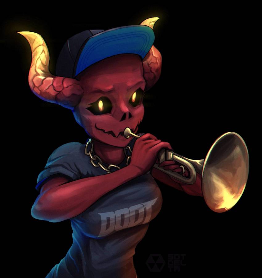 1girl baseball_cap black_background black_sclera blonde_hair brand_name_imitation breasts chain character_request clothes_writing colored_sclera colored_skin commentary demon_girl doom_(2016) doom_(series) doot_(meme) english_commentary gold_chain grey_shirt hat highres horns instrument medium_breasts meme music no_nose playing_instrument red_skin sgtdelta sharp_teeth shirt skin-covered_horns solo t-shirt teeth trumpet
